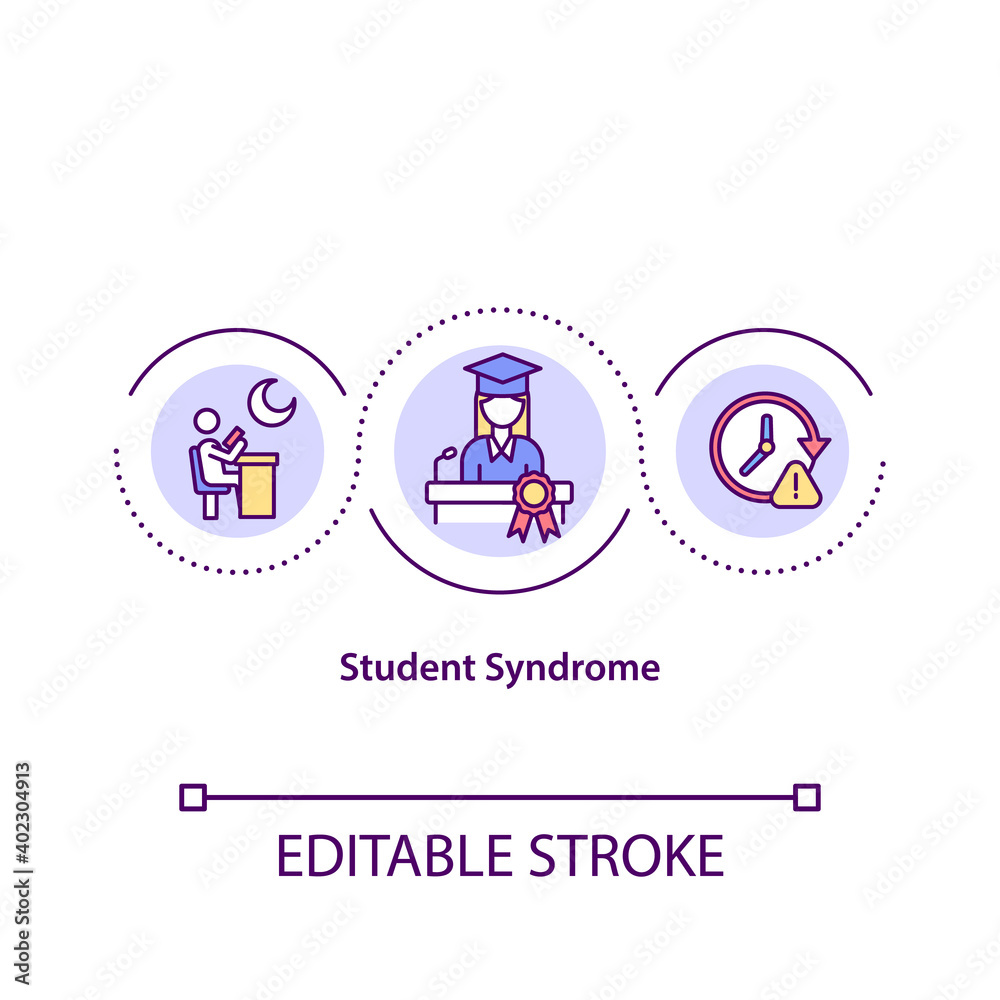 Student syndrome concept icon. Start to apply to assignment at last possible moment before its deadline. Working idea thin line illustration. Vector isolated outline RGB color drawing. Editable stroke