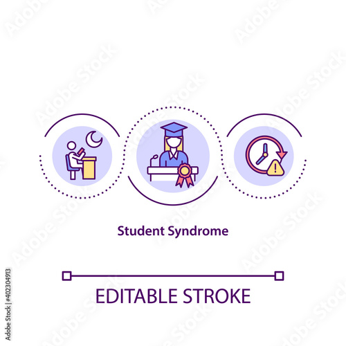 Student syndrome concept icon. Start to apply to assignment at last possible moment before its deadline. Working idea thin line illustration. Vector isolated outline RGB color drawing. Editable stroke
