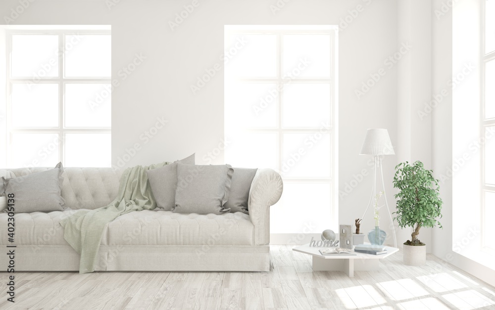Fototapeta premium White living room with sofa. Scandinavian interior design. 3D illustration