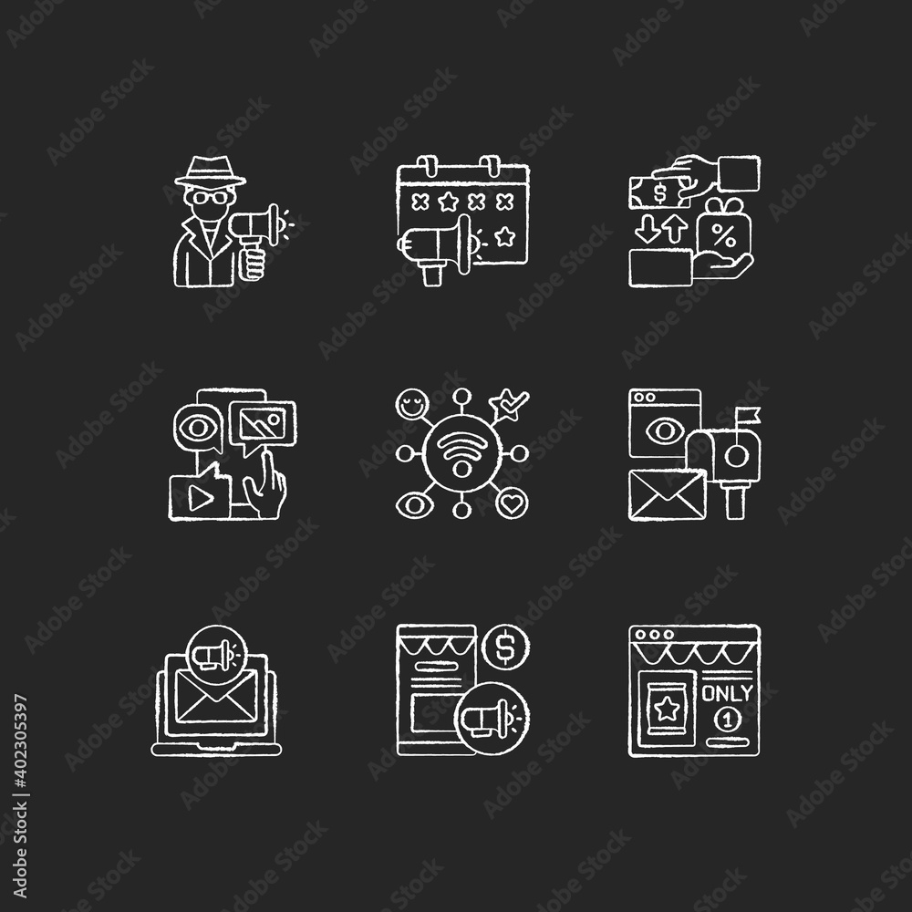 Marketing strategies chalk white icons set on black background. Advertising product on close range area. Sending adds directly to customers. Isolated vector chalkboard illustrations Marketing strategies chalk white icons set on black background. Advertising product on close range area. Sending adds directly to customers. Isolated vector chalkboard illustrations