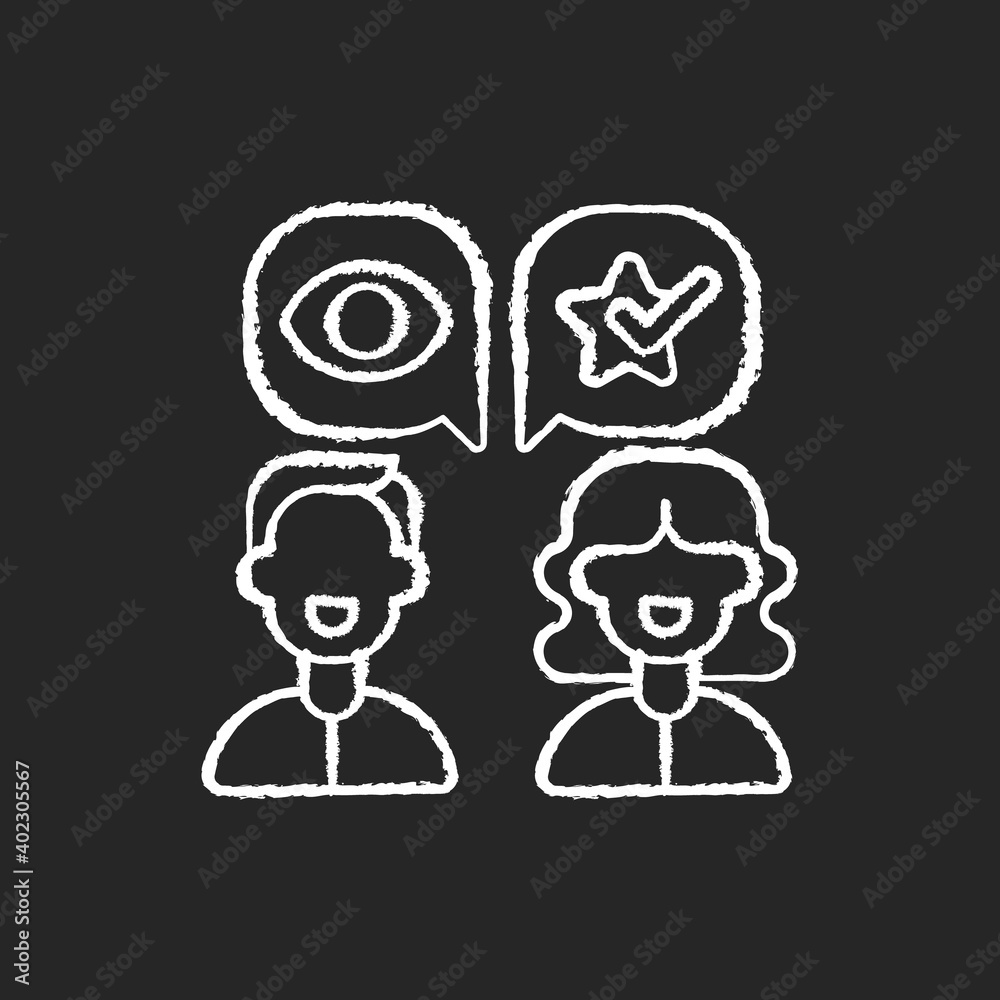 Word of mouth marketing chalk white icon on black background. Consumers interest in a companys product or service is reflected in their daily dialogues. Isolated vector chalkboard illustration Word of mouth marketing chalk white icon on black background. Consumers interest in a companys product or service is reflected in their daily dialogues. Isolated vector chalkboard illustration