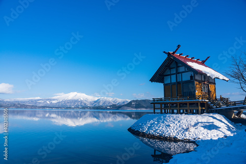 A shrine built around the lake