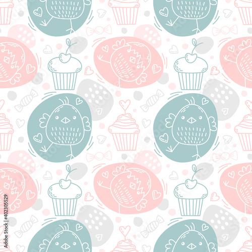 seamless pattern with traditional easter sweets and cute chicks