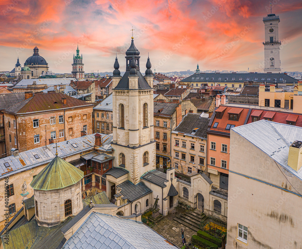 Obraz premium View on Armenian Cathedral of the Assumption of Mary from drone in Lviv, Ukraine