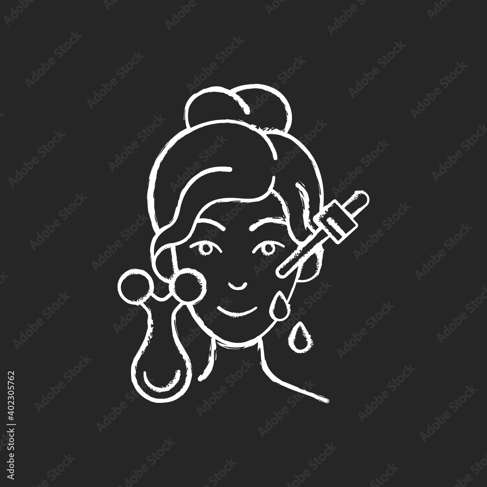 Micro current massager chalk white icon on black background. Facial muscles stimulation. Tool for lifting. Repairing damaged skin. Stimulating collagen. Isolated vector chalkboard illustration Micro current massager chalk white icon on black background. Facial muscles stimulation. Tool for lifting. Repairing damaged skin. Stimulating collagen. Isolated vector chalkboard illustration