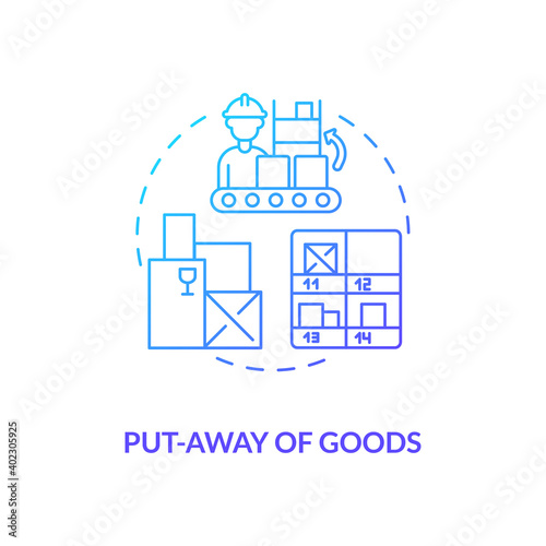 Put away of goods concept icon. Warehouse management components. Stored away in containers in warehouse. Store idea thin line illustration. Vector isolated outline RGB color drawing