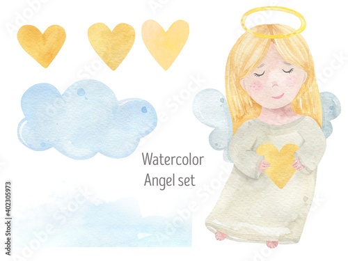 Cute watercolor angel isolated on white background, Christmas angel, hearts, cloud