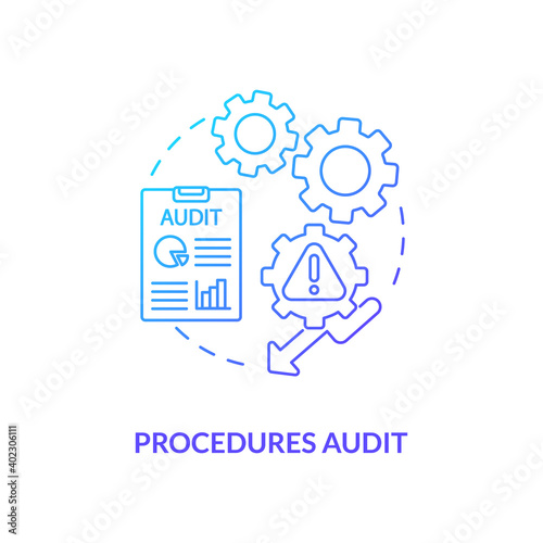 Procedures audit concept icon. Warehouse audit elements. Check if transactions have been saved on computer. Business idea thin line illustration. Vector isolated outline RGB color drawing