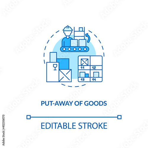Put away of goods concept icon. Warehouse management components. Stored away in boxes in warehouse. Store idea thin line illustration. Vector isolated outline RGB color drawing. Editable stroke