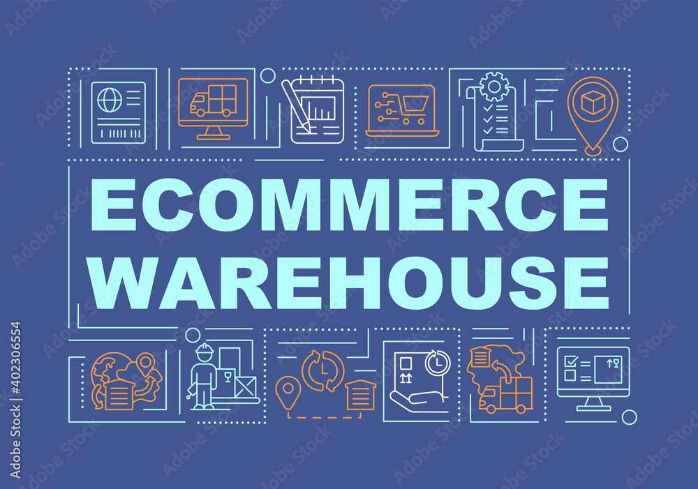 Ecommerce warehouse word concepts banner. Online retail service. Delivery, shipment. Infographics with linear icons on dark blue background. Isolated typography. Vector outline RGB color illustration