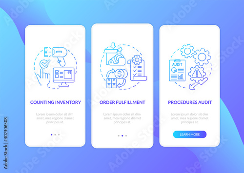 Warehouse procedures dark blue onboarding mobile app page screen with concepts. Storehouse organization walkthrough 5 steps graphic instructions. UI vector template with RGB color illustrations