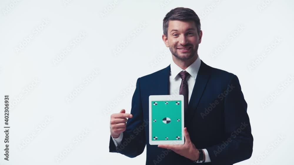 businessman pointing at digital tablet with illustration isolated on white businessman pointing at digital tablet with illustration isolated on white