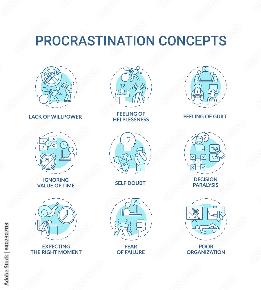 Procrastination concept icons set. Poor organization idea thin line RGB color illustrations. Guilt feeling. Ignoring time value. Decision paralysis. Vector isolated outline drawings. Editable stroke