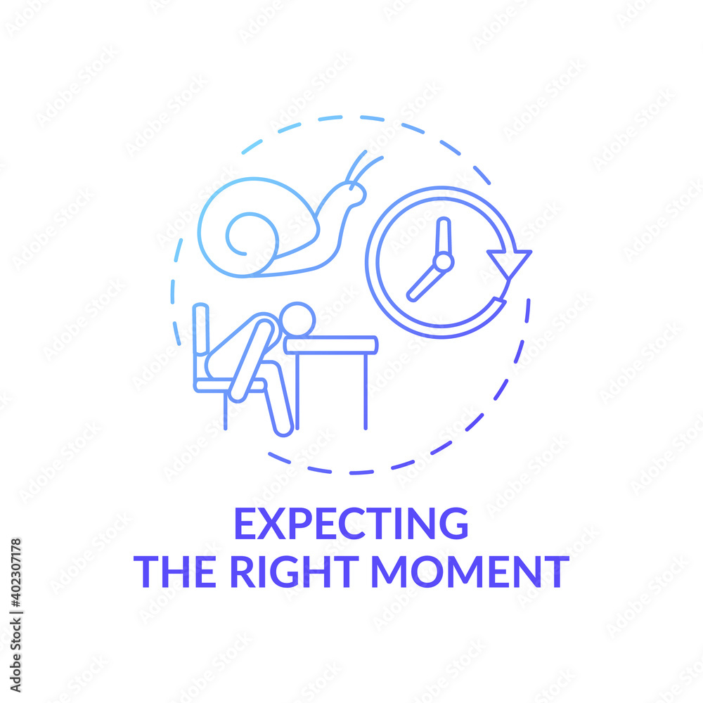 Right moment expecting concept icon. Procrastination reason idea thin line illustration. Time-management. Finding reasons to delay things. Perfect time. Vector isolated outline RGB color drawing Right moment expecting concept icon. Procrastination reason idea thin line illustration. Time-management. Finding reasons to delay things. Perfect time. Vector isolated outline RGB color drawing