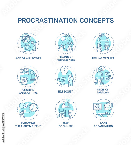 Procrastination concept icons set. Poor organization idea thin line RGB color illustrations. Guilt feeling. Ignoring time value. Decision paralysis. Vector isolated outline drawings. Editable stroke
