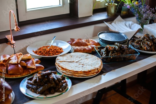Fototapeta Naklejka Na Ścianę i Meble -  turkish buffet food incling grapeleaves and flatbread