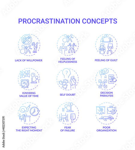 Procrastination concept icons set. Poor organization idea thin line RGB color illustrations. Expecting right moment. Failure fear. Self doubt. Decision paralysis. Vector isolated outline drawings
