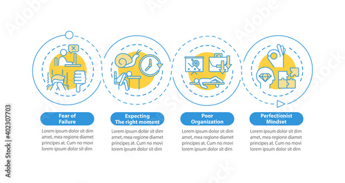 Procrastination causes vector infographic template. Disorganization, fears presentation design elements. Data visualization with 4 steps. Process timeline chart. Workflow layout with linear icons