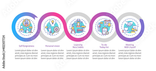 Fighting procrastination vector infographic template. Vision, self-care presentation design elements. Data visualization with 5 steps. Process timeline chart. Workflow layout with linear icons