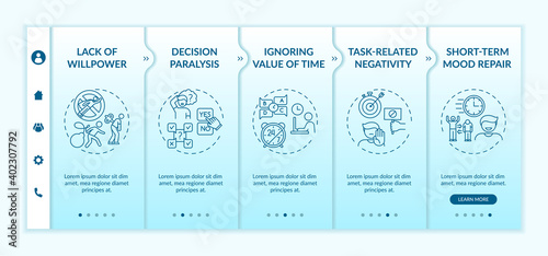 Delaying tasks habit reasons onboarding vector template. Short-term mood repair. Decision paralysis. Responsive mobile website with icons. Webpage walkthrough step screens. RGB color concept
