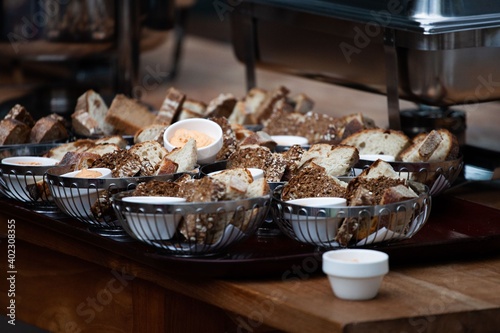 baskets of bread at catering event party