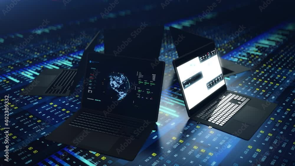 Financial reports, statistics, company sales, stock market indexes fluctuation. Laptop screens with financial backgrounds, 3d animation