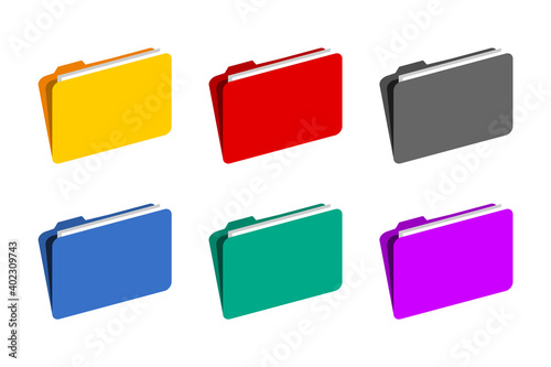 Folder icon set in different colors. Files in folders collection. Saving documents. Colorful computer folder symbol. Storage space. Isolated on white background. Vector illustration, flat, clip art. 