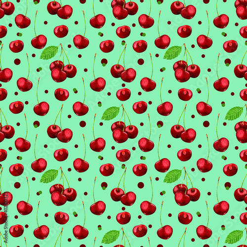 Fototapeta Naklejka Na Ścianę i Meble -  Watercolor seamless pattern of red ripe cherries with red dots.Hand drawn elements on blue background.For wrapping paper, fabrics,textiles and clothing, wallpaper,cards,packaging,wrapping papers.