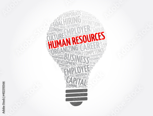 HR - Human Resources light bulb word cloud collage, business concept background