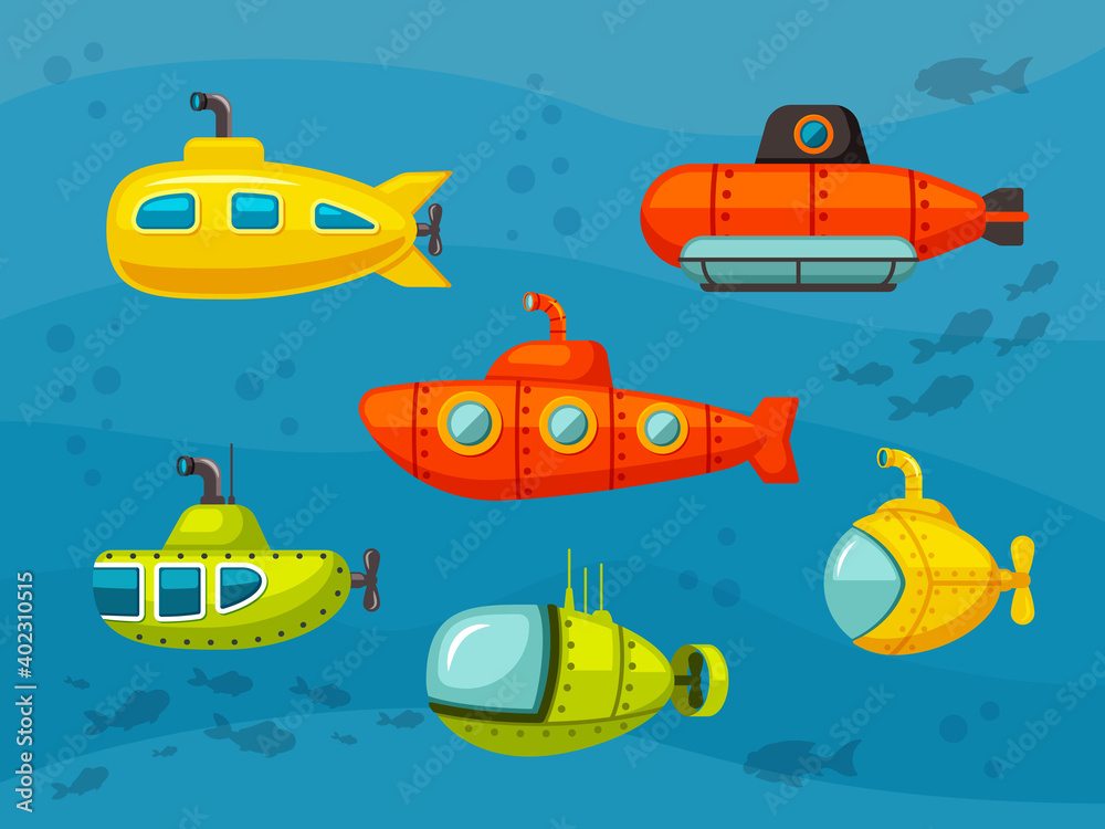 Submarines set. Yellow hilarious design bathyscaphes and red iron scuba floats with propellers and round portholes fun deep diving and underwater exploration. Cartoon deep vector.