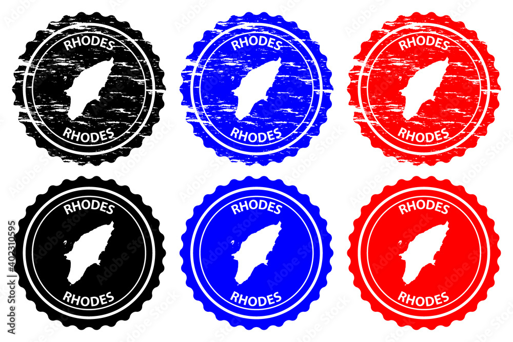 Rhodes - rubber stamp - vector, Rhodes island map pattern - sticker - black, blue and red Rhodes - rubber stamp - vector, Rhodes island map pattern - sticker - black, blue and red