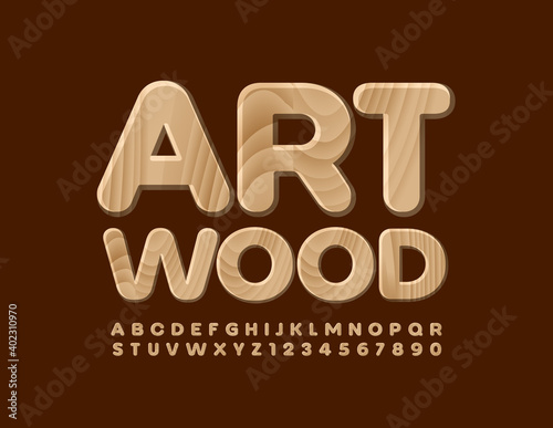 Vector creative template Art Wood. Tree texture Font. Fresh Oak Alphabet Letters and Numbers set