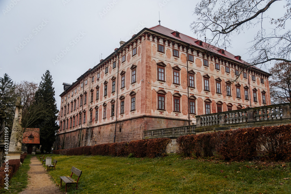 Castle Libochovice with French style park and garden, Romantic baroque chateau in winter day, Litomerice district, Bohemia, Czech Republic Castle Libochovice with French style park and garden, Romantic baroque chateau in winter day, Litomerice district, Bohemia, Czech Republic
