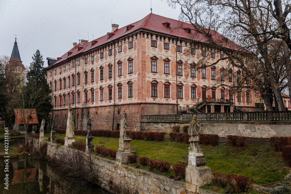 Castle Libochovice with French style park and garden, Romantic baroque chateau in winter day, Litomerice district, Bohemia, Czech Republic