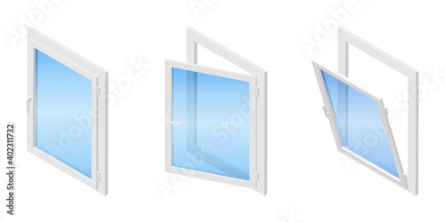 Isometric vector illustration plastic windows isolated on white background. Isometric vector diagram showing a casement window in three different positions: closed, tilted open and swung fully open.