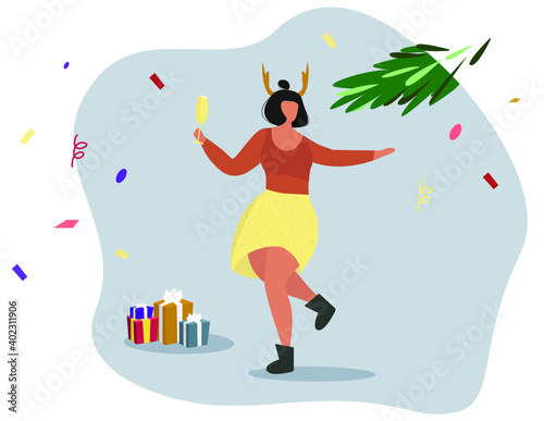 Winter holidays celebration.Girl in dress dancing on the christmas Party,holding in the hand wineglass.Woman in Deer Horns on Corporate Event.Сonfetti background and gift boxes.Flat Illustration.