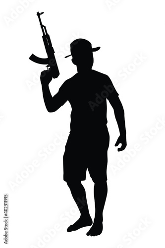 Young boy soldier with weapon silhouette vector