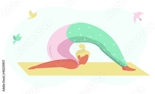 Woman does yoga. Girl in Yoga Pose. Female character Exercising. Aerobics Exercise. Healthy Lifestyle. Flat Vector illustration