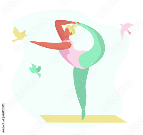 Woman practicing yoga pose.Woman doing stretching legs.Girl Doing Yoga and Aerobics Exercise.Healthy lifestyle.Standing with Hands Up on one leg.Sport Life Activity.Vector flat illustration