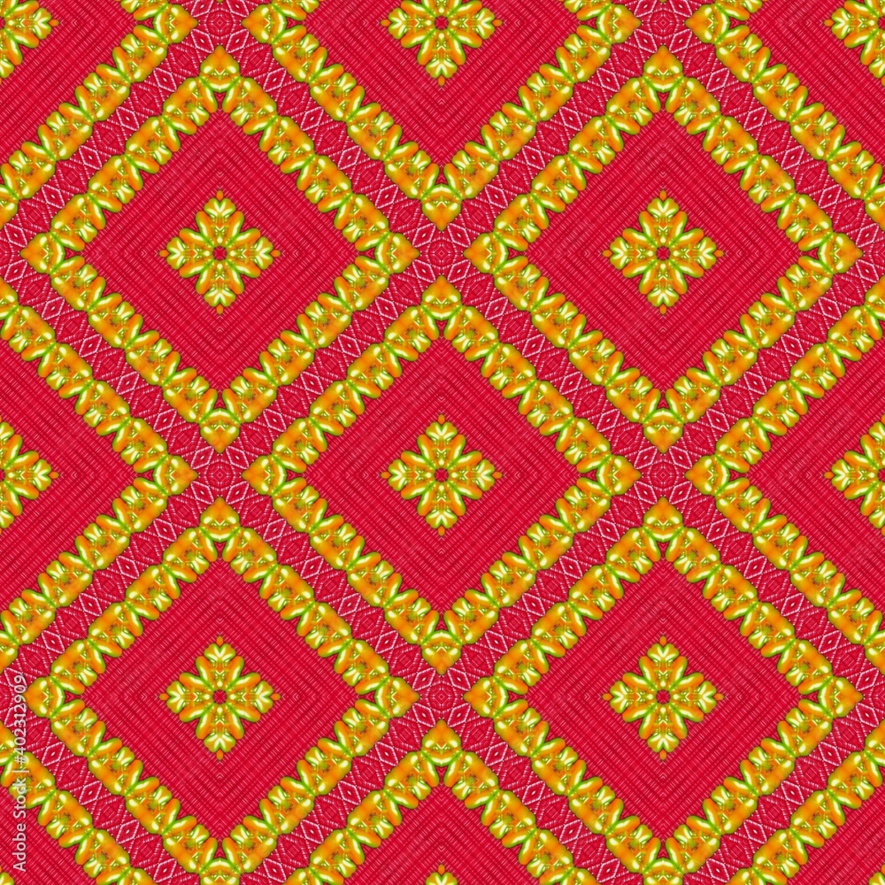 Seamless pattern with symmetric geometric ornament.
Seamless pattern with symmetric geometric ornament.