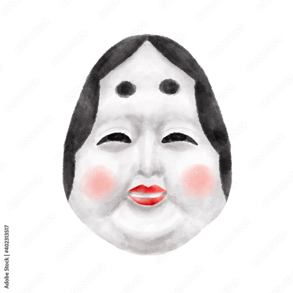 おかめのお面の水彩風イラスト