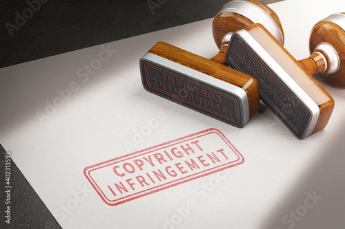 Bilde på lerret Copyright infringement letters and rubber stamps. 3d illustration