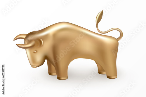 Symbol of the New Year 2021 is the sign of the Bull on the Chinese lunar calendar. Golden Bull isolated 3d icon and logo. Realistic gold statuette of cow or ox
