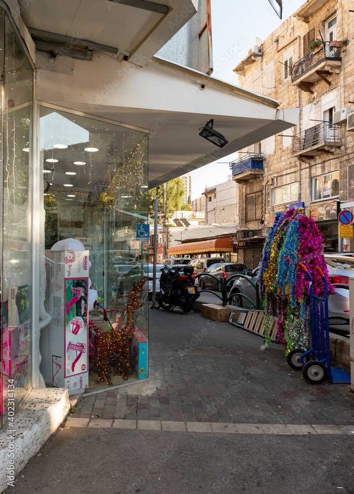 Decorated for the celebration of Christmas shops on Khuri Street in the Haifa city in northern Israel