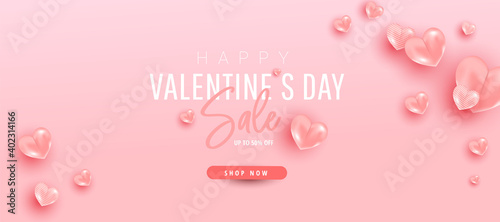 Valentines day vector design concept. Minimal pink air heart ballons fly in the air with discount text on pink background.