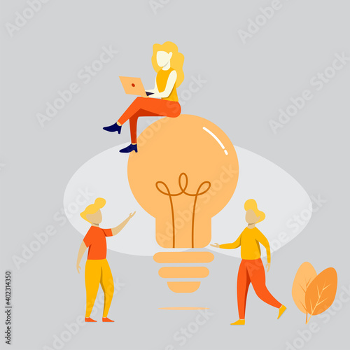 modern flat people character. people are standing beside a giant bulb for brainstorming, a woman is sitting on a bulb. ideal for websites, landing pages, UI, mobile applications, banner, poster