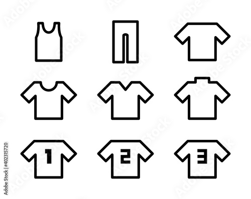 Tシャツ,タンクトップ,パンツなどのアイコンセット。線画で描かれたシンプルな洋服のシルエットのイラスト。背番号が描かれているユニフォームのイラスト。