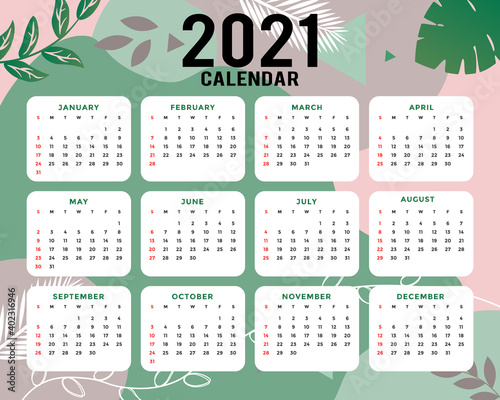 2021 calendar template. Calendar concept design with abstract natural pattern. Vector illustration