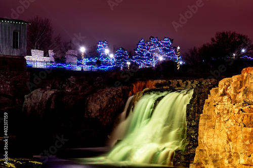 Sioux Falls Park in South Dakota lit up with Christmas lights at night