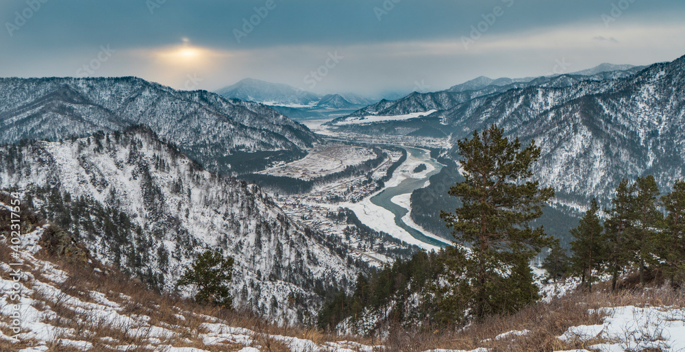 Winter landscape with a view of the Altai mountains, Russia Winter landscape with a view of the Altai mountains, Russia